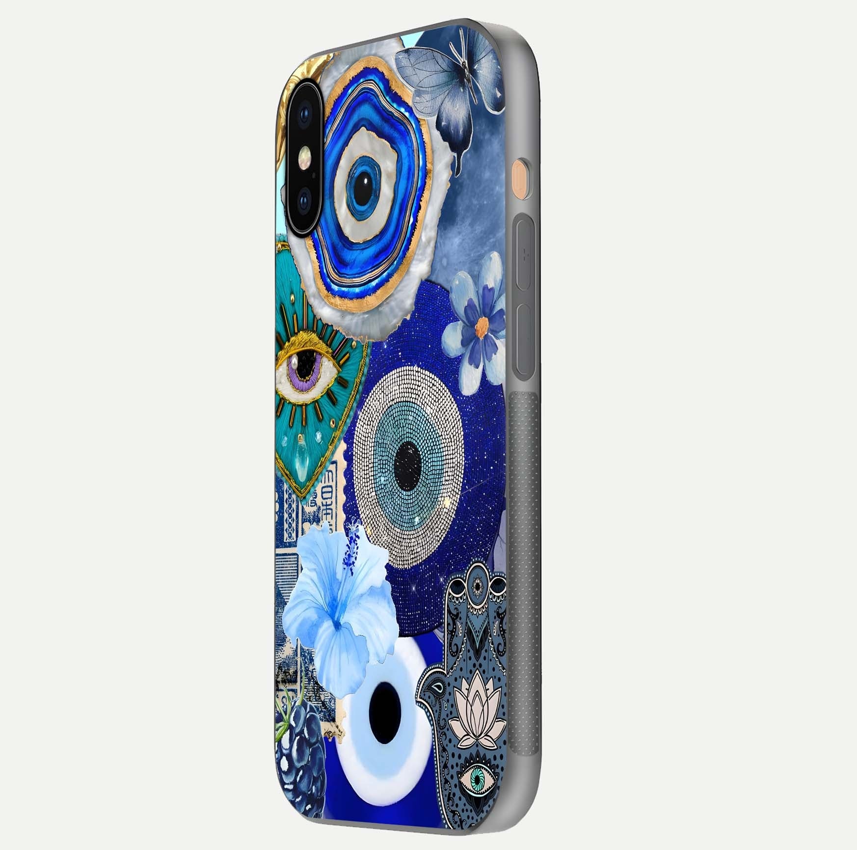 Celestial Blue Vision Glass Case for iPhone Xs Max side-angle image capturing starlight shimmer and glass reflection