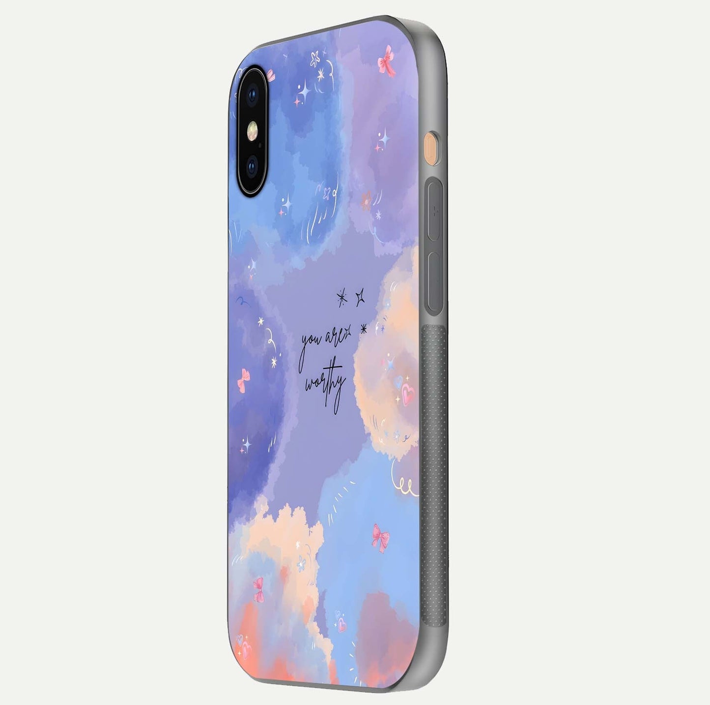 Celestial Cloud Magic Glass Case for iPhone Xs Max side-angle photo showing edge reflection and dreamy texture