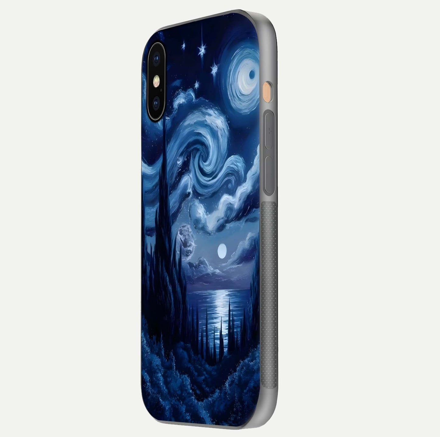 Celestial Dream Van Gogh Glass Case for iPhone Xs Max side-angle photo showing depth swirl design and curved reflection