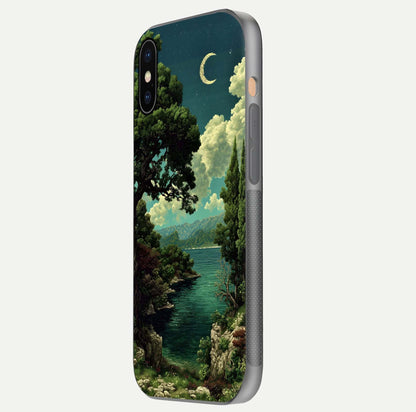 Celestial Lake Peace Glass Case for iPhone Xs Max side-angle image displaying reflective glow and gentle edges