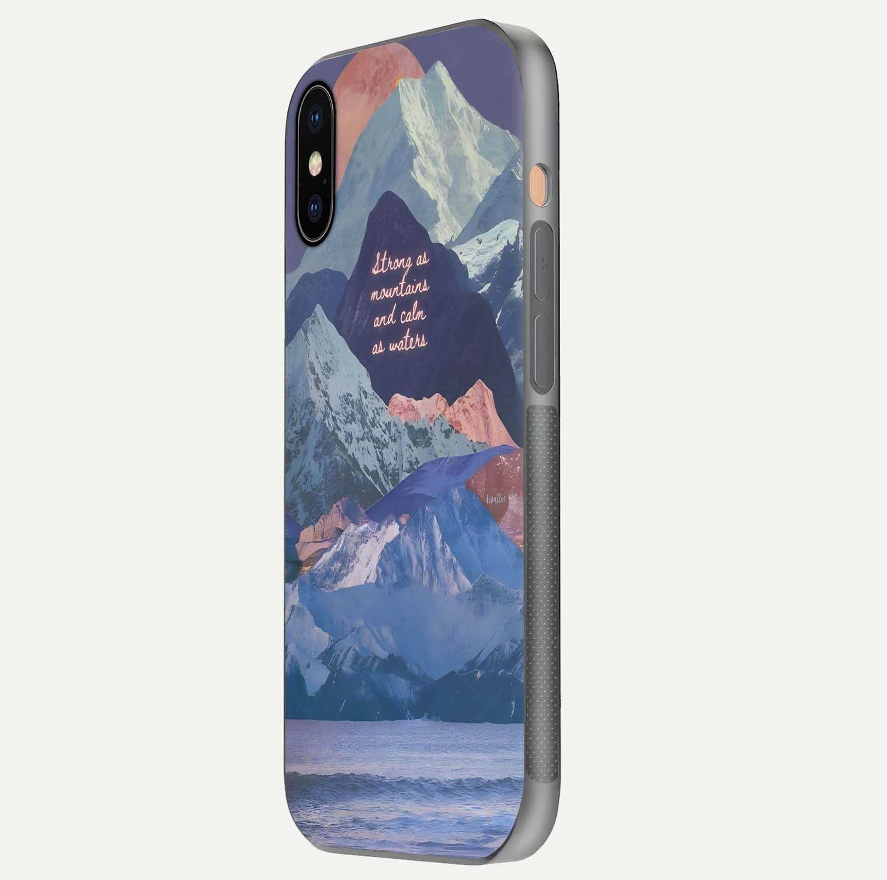 Celestial Mountain Calm Glass Case for iPhone Xs Max side-angle image capturing mountain detail and shine gradient
