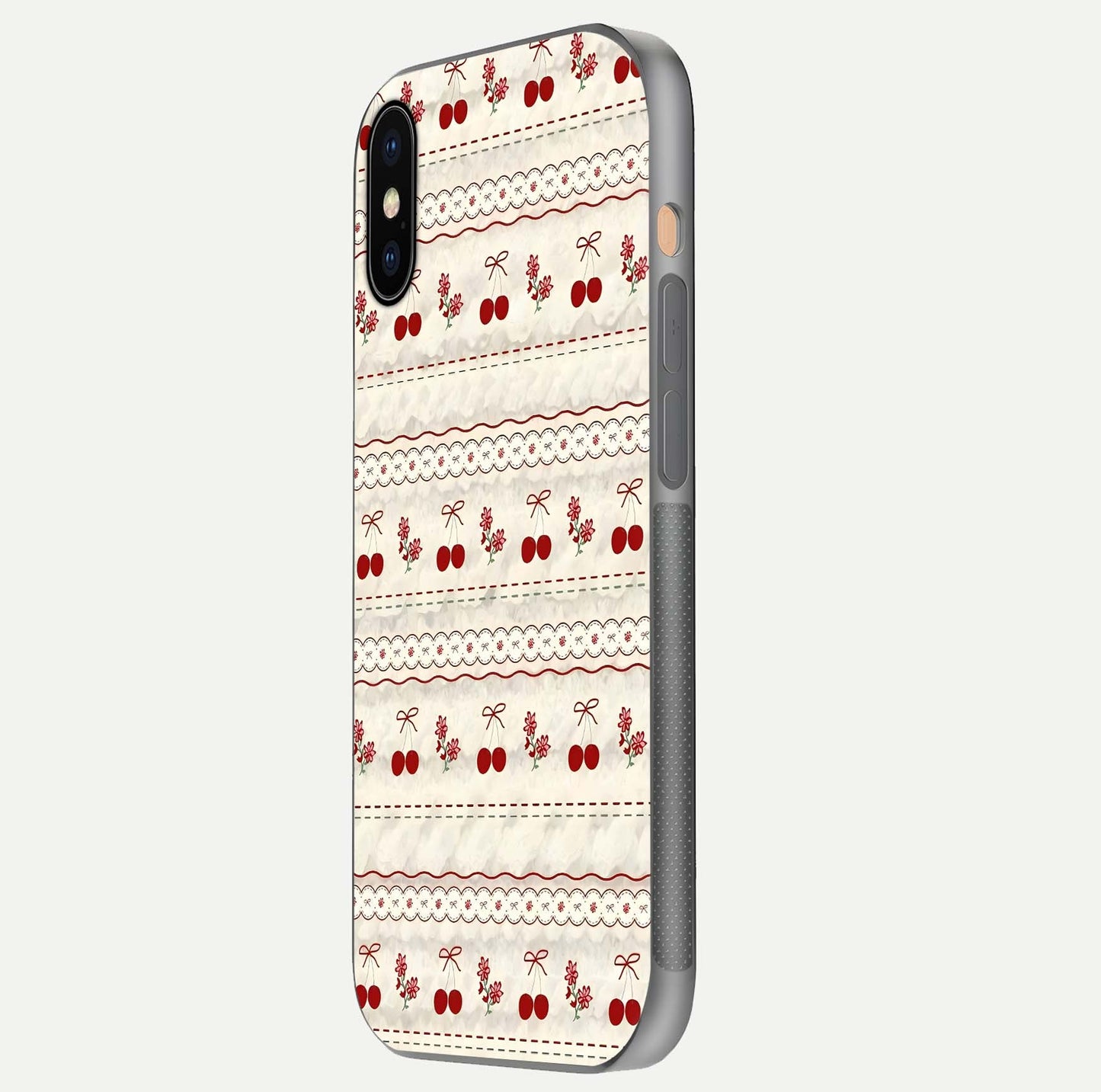 Cherry Bloom Charm Glass Case for iPhone Xs Max side-angle photo showing flower detail and edge light