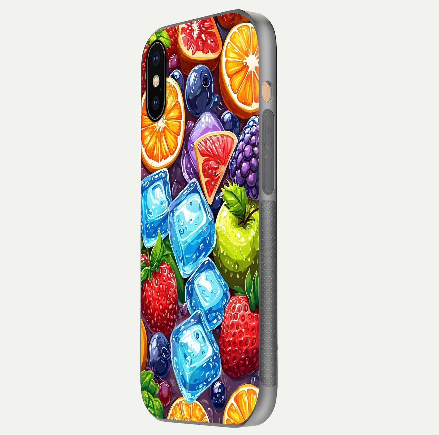 Colorful Fruits with Ice Glass Case for iPhone Xs Max side-angle photo showing curve gloss and vivid tones