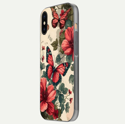 Crimson Butterfly Garden Glass Case for iPhone Xs Max side-angle photo capturing gloss texture and soft tone