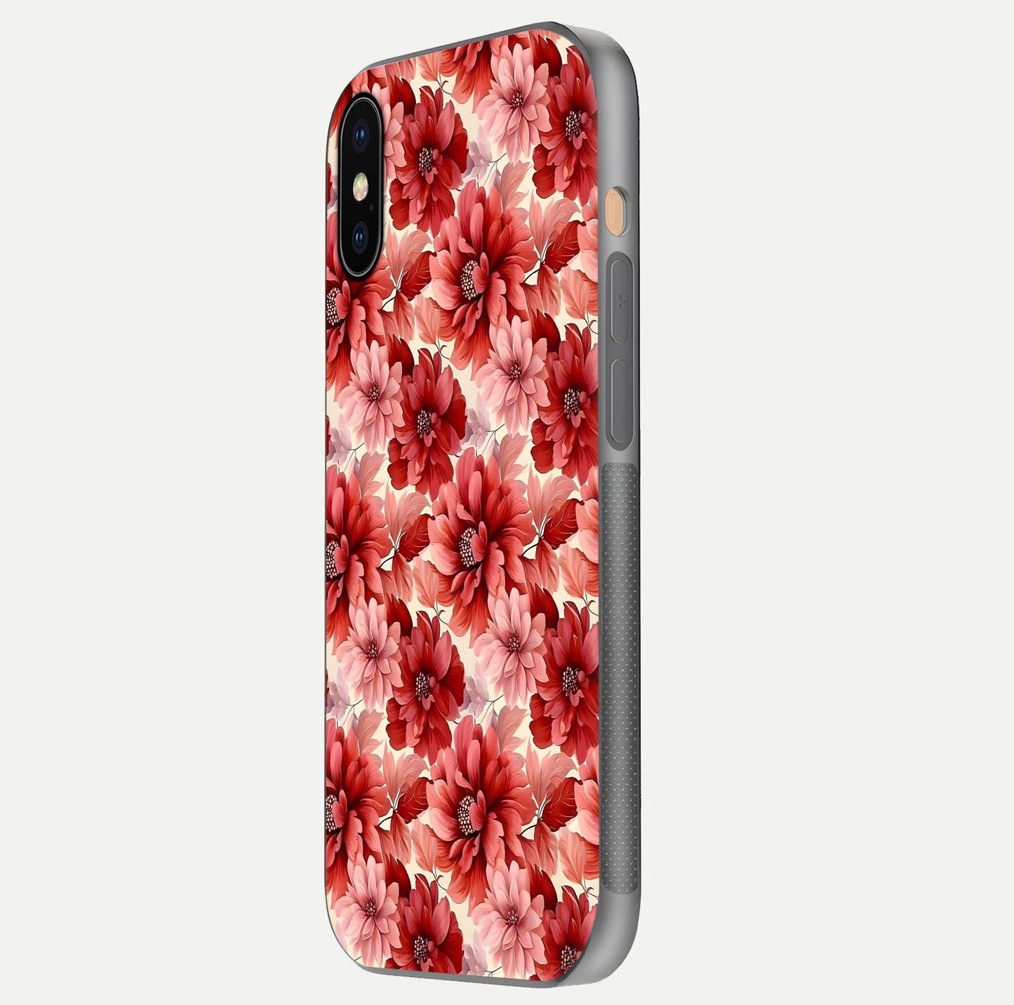 Crimson Love Petals Glass Case for iPhone Xs Max side-angle photo showing reflection glow and edge clarity