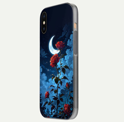 Crimson Rose Moon Glass Case for iPhone Xs Max side-angle photo showing reflective texture and smooth curve