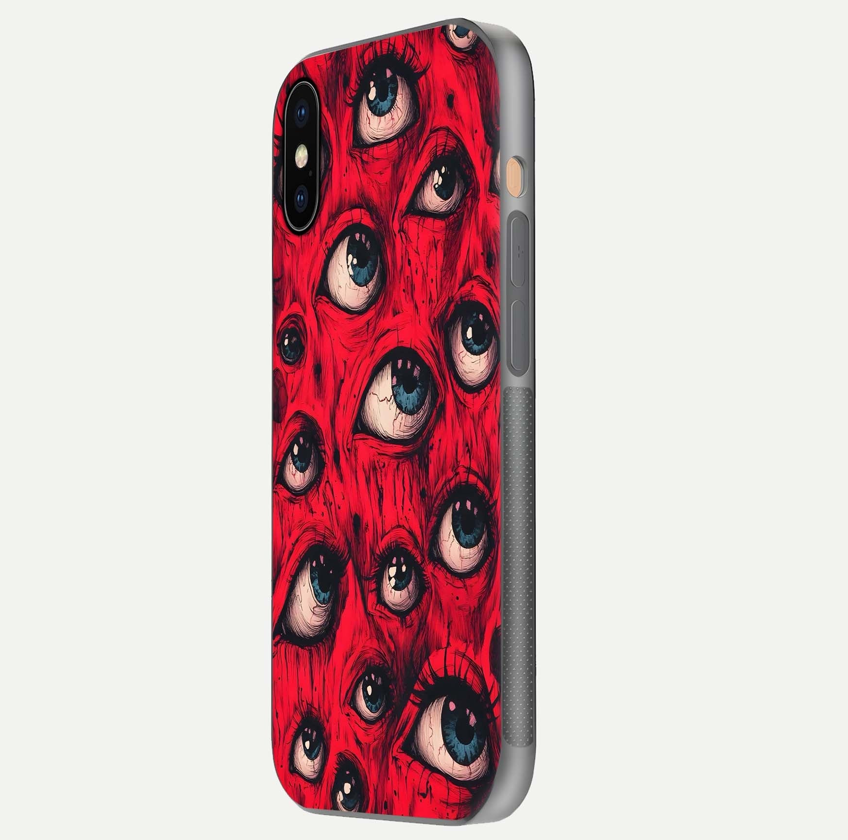 Crimson Watch Eyes Glass Case for iPhone Xs Max side-angle photo showing reflection texture and shine