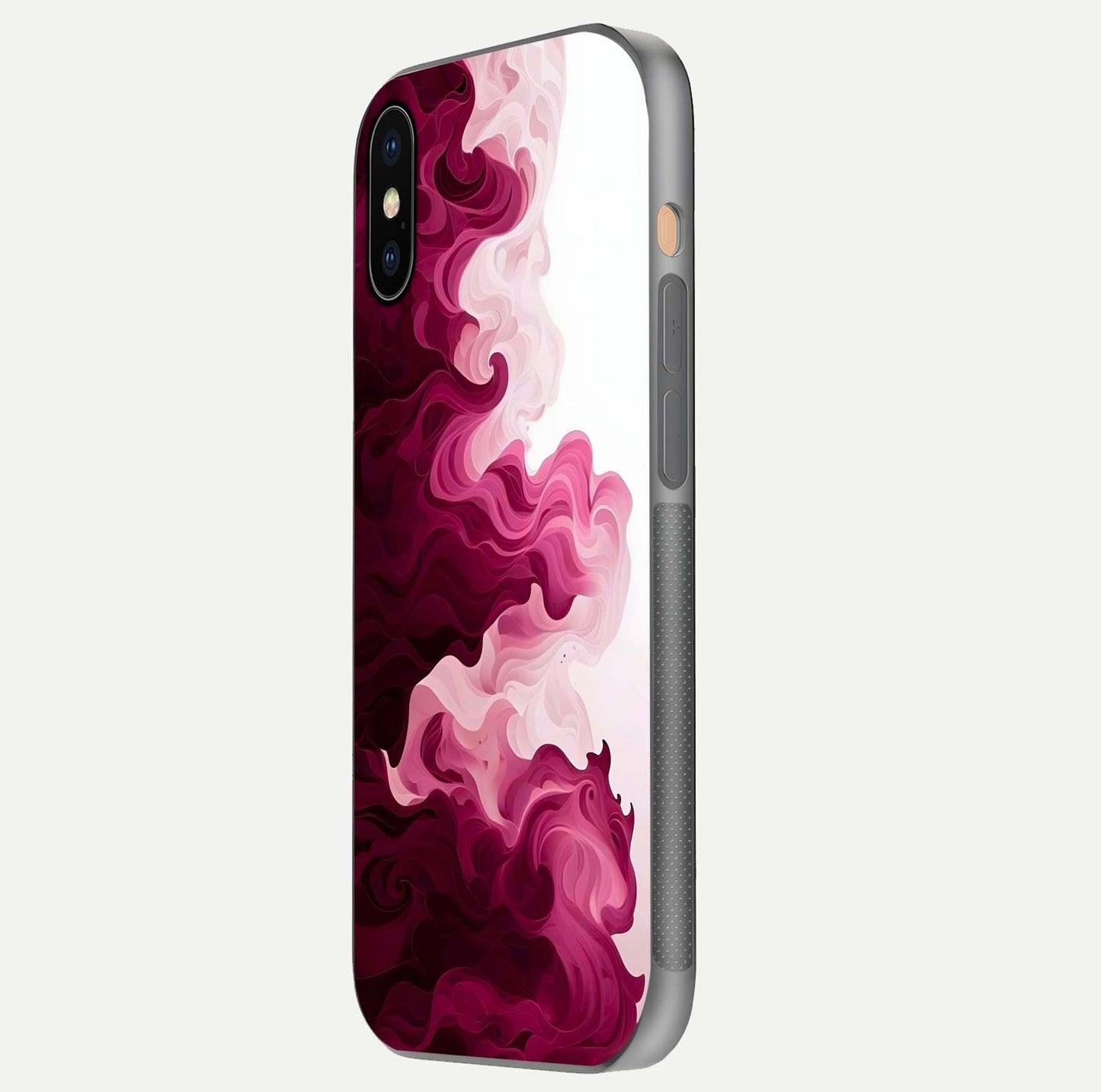 Crimson Wave Flow Glass Case for iPhone Xs Max side-angle photo showing reflection glow and HD finish