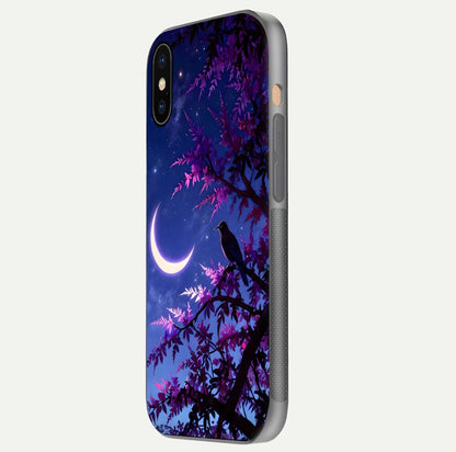 Crow & Moon Scenery Glass Case for iPhone Xs Max side-angle photo capturing glossy shine and artistic contrast