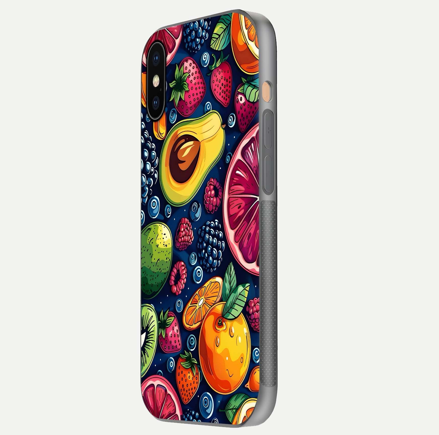Cute Fruits Art Glass Case for iPhone Xs Max side-angle photo showing reflective finish and smooth edges