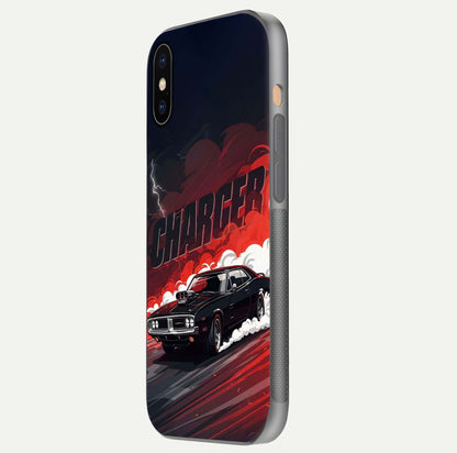Dark Charger Fury Glass Case for iPhone Xs Max side-angle image showing edge gloss and bold tone