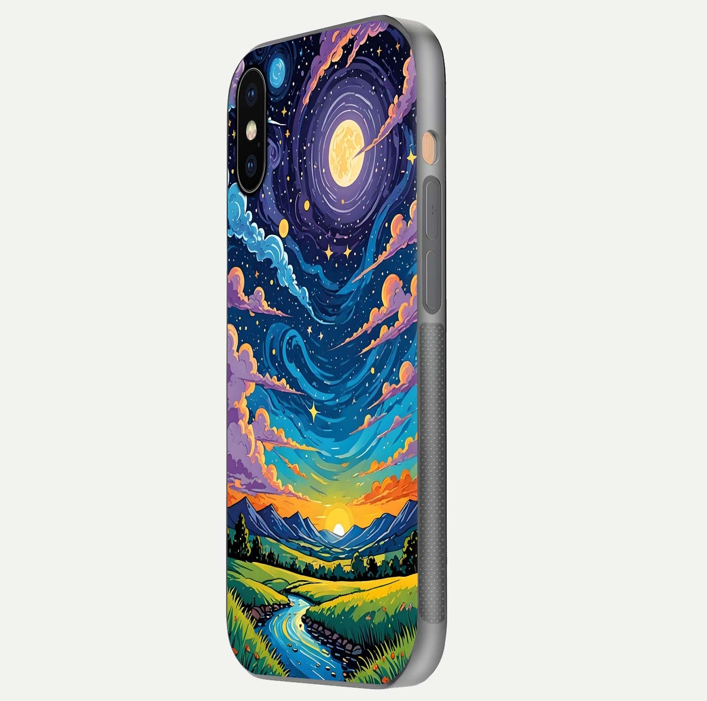 Dreamy Night Landscape Glass Case for iPhone Xs Max side-angle photo capturing reflection glow and edge detail
