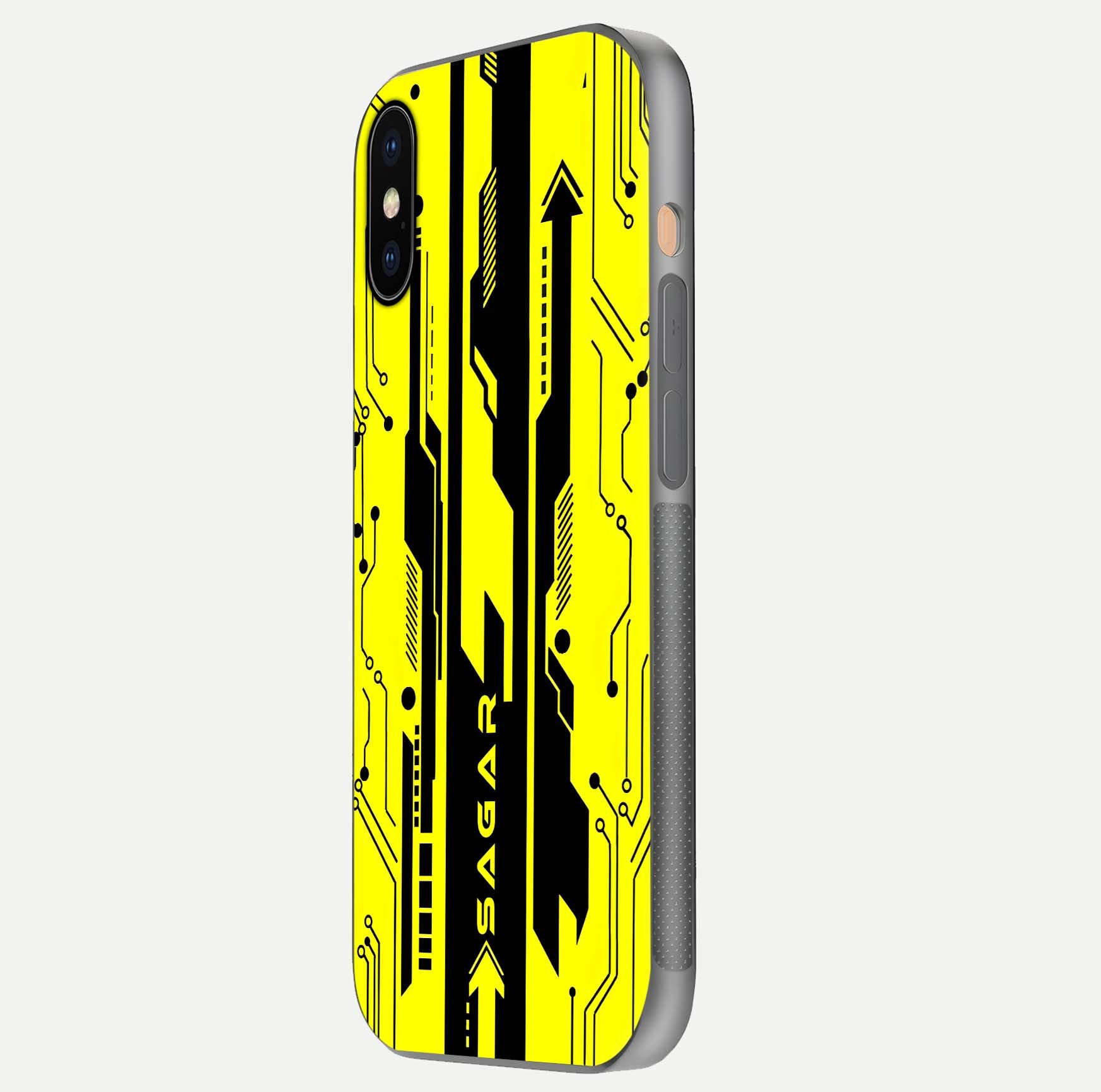 Electric Pulse CYBERPUNK Custom Name Glass Case for iPhone Xs Max side-angle image showing glossy reflection and edge illumination
