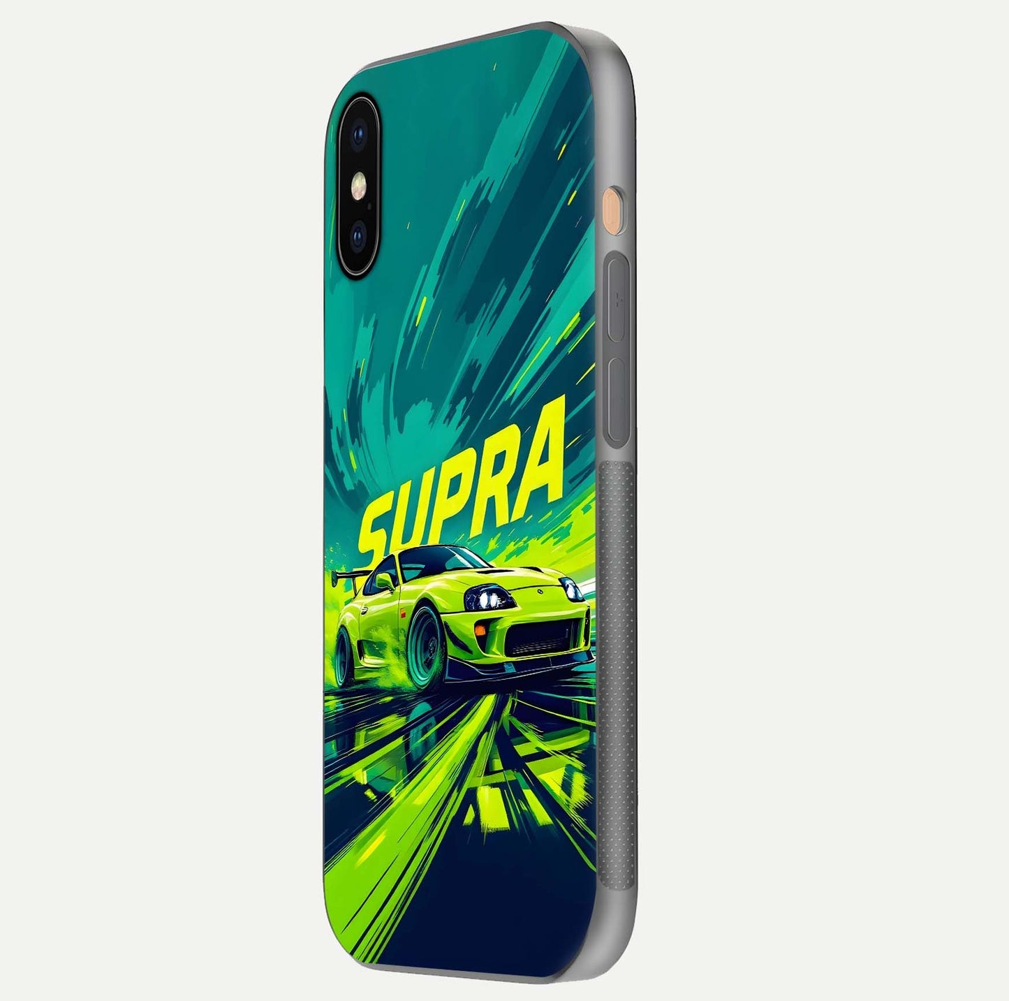 Electric Supra Thunder Glass Case for iPhone Xs Max side-angle photo showing sleek car outline and reflective shine
