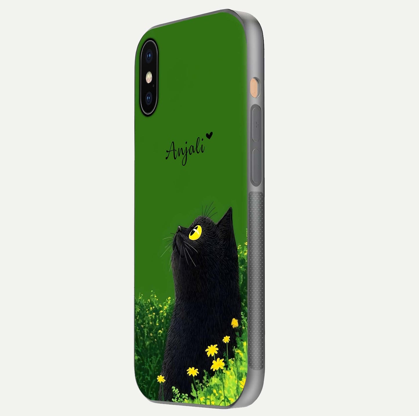 Emerald Cat Custom Name Glass Case for iPhone Xs Max side-angle photo showing name clarity and glass reflection