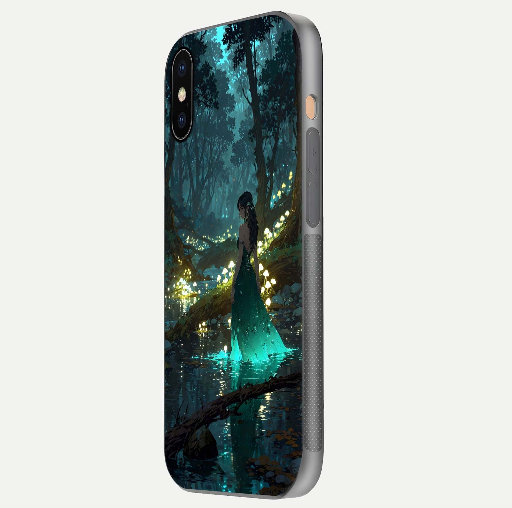 Enchanted Forest Glow Glass Case for iPhone Xs Max side-angle image capturing shine reflection and rich detail