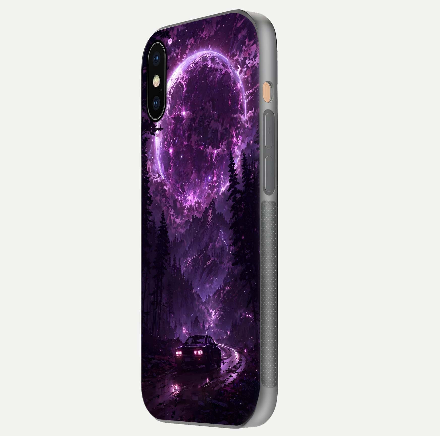 Eternal Cosmic Drive Glass Case for iPhone Xs Max side-angle image showing reflection texture and color contrast