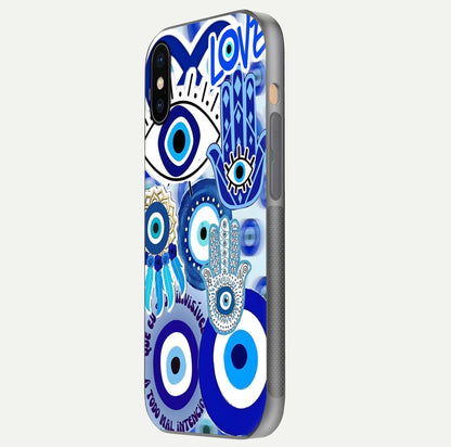 Evil Eyes Dream Glass Case for iPhone Xs Max side-angle photo capturing smooth edges and reflective texture
