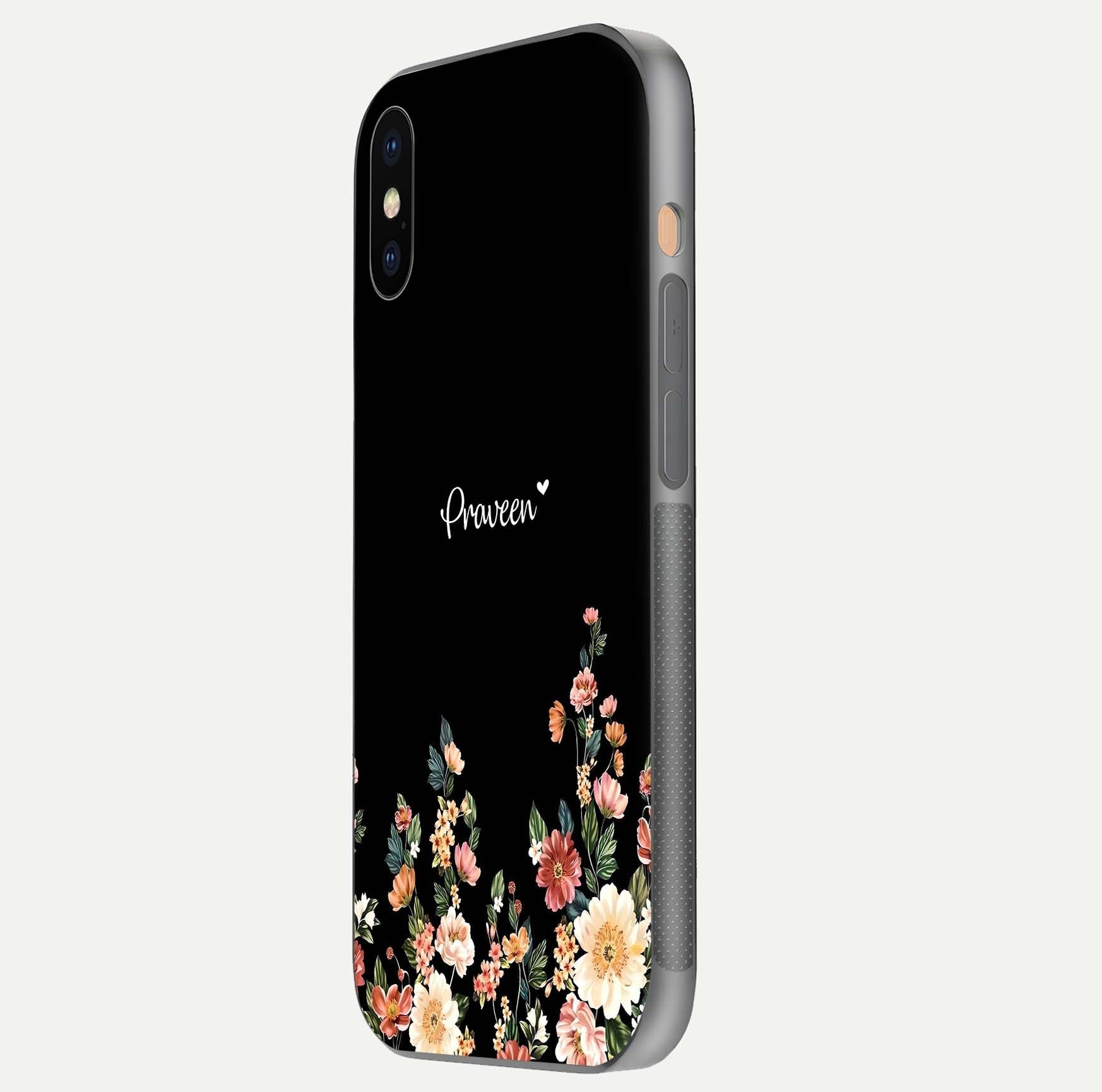Floral Design Personalized Custom Name Glass Case for iPhone Xs Max side-angle image showing name alignment and gloss shine
