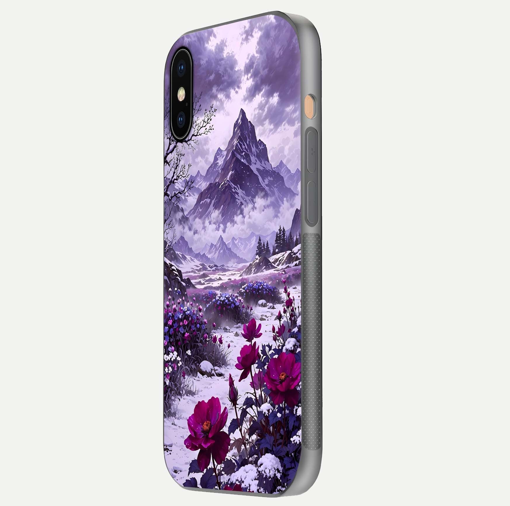 Flower Mountain View Glass Case for iPhone Xs Max side-angle image showing gloss polish and smooth edge