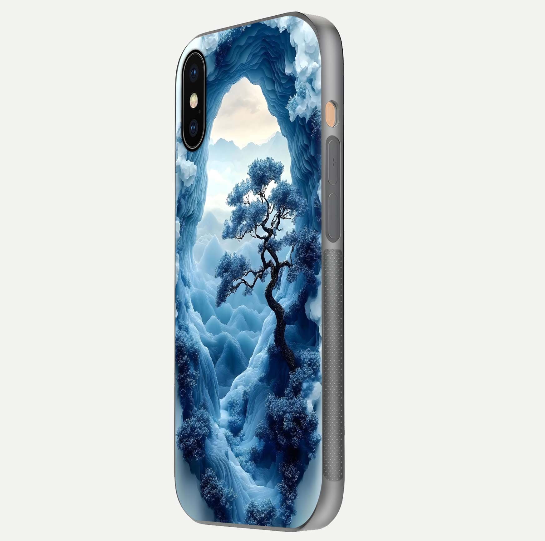 Frozen Serenity Gate Glass Case for iPhone Xs Max side-angle photo showing reflective surface and cold tones