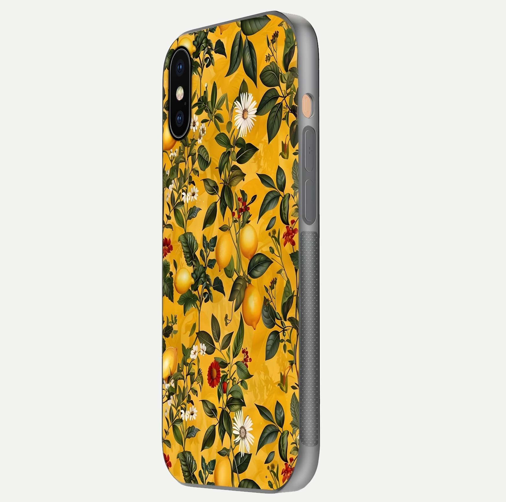 Golden Lemon Field Glass Case for iPhone Xs Max side-angle image showing reflection clarity and juicy color tone