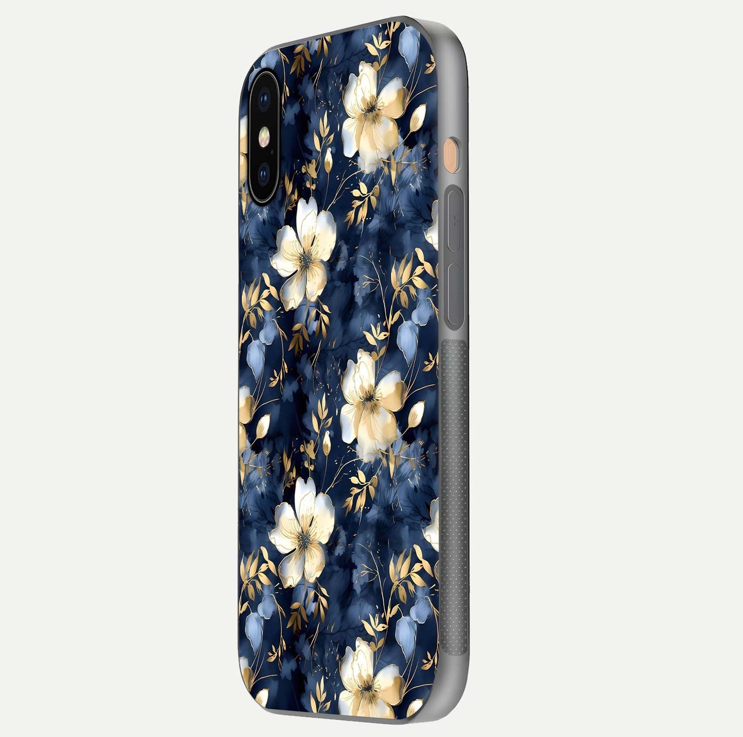 Golden Midnight Bloom Glass Case for iPhone Xs Max side-angle image showing shine depth and elegant edge design