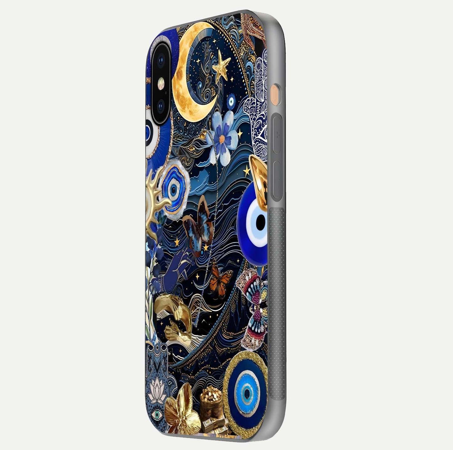 Golden Moon Magic Glass Case for iPhone Xs Max side-angle image showing reflection glow, curved polish, and moon detail