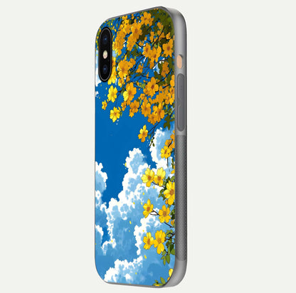 Golden Petal Sky Glass Case for iPhone Xs Max side-angle image showing reflection depth and metallic floral tones