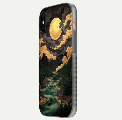Golden River Moon Glass Case for iPhone Xs Max side-angle image showing reflection clarity and detailed nightscape