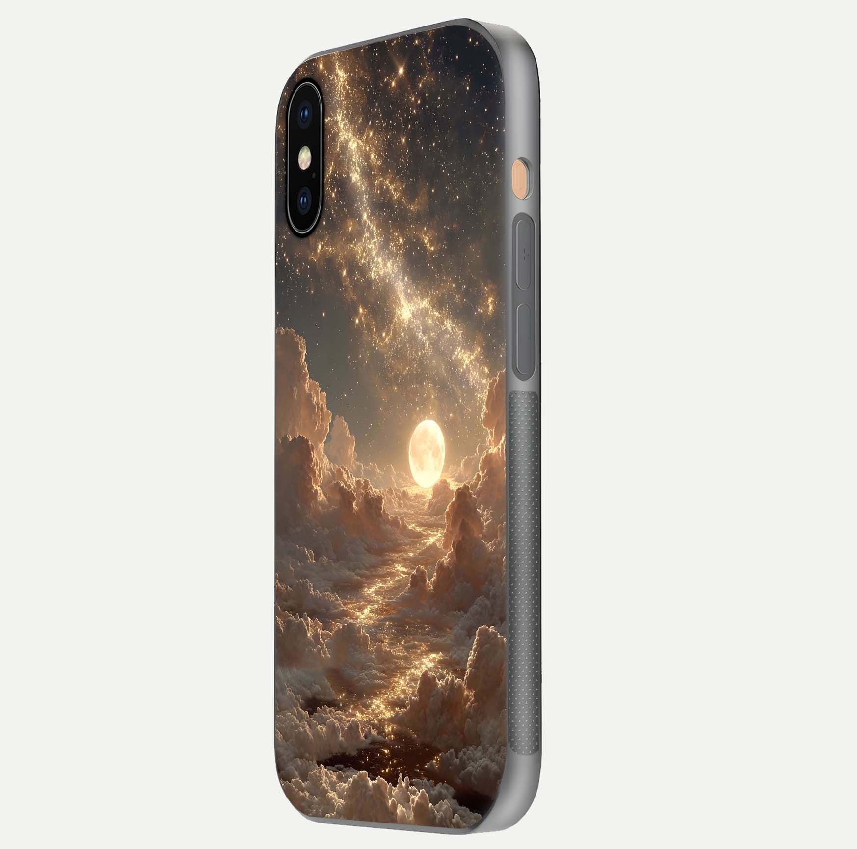 Golden Sky Dream Glass Case for iPhone Xs Max side-angle image showing reflection shine and smooth surface