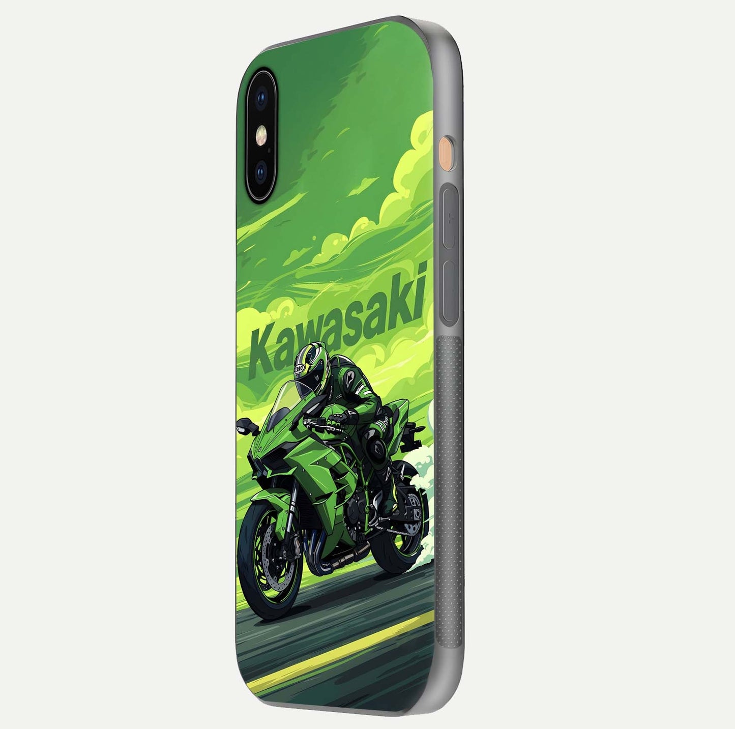 Green Kawasaki Glass Case for iPhone Xs Max side-angle image showing reflection depth and metallic green accent