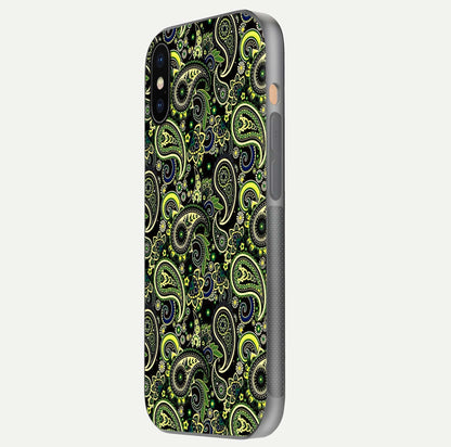 Green Mandala Pattern Glass Case for iPhone Xs Max side-angle image showing reflection clarity and detailed pattern lines