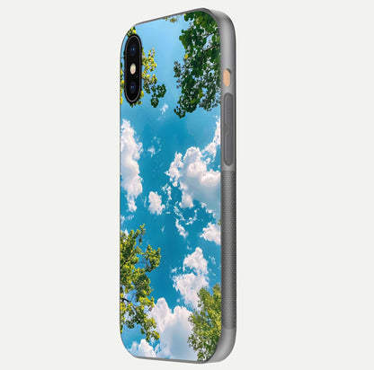 Greenery Sky Glass Case for iPhone Xs Max side-angle image showing reflection glow and nature-themed pattern