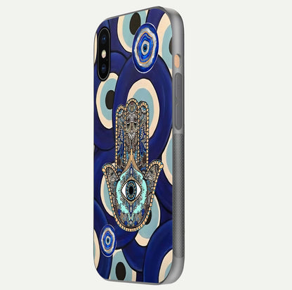 Hamsa Divine Guard Glass Case for iPhone Xs Max side-angle image showing reflection brilliance and protective design