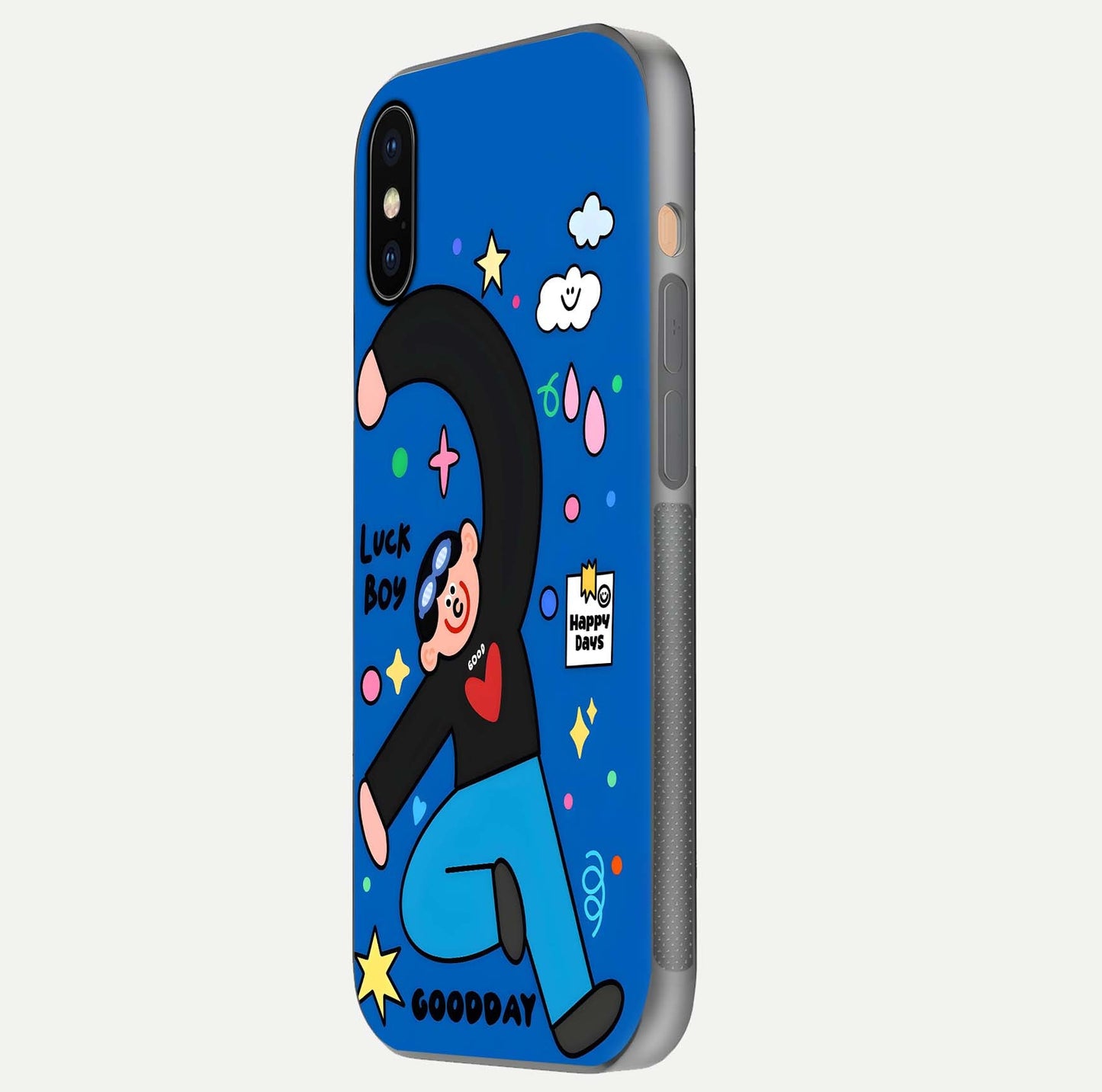 Happy Luck Vibe Glass Case for iPhone Xs Max side-angle image showing reflection polish and vivid charm design