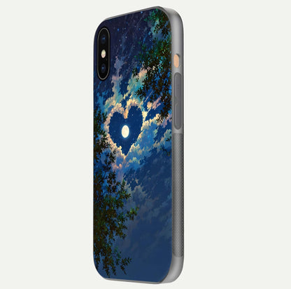 Heart with Moon Sky Glass Case for iPhone Xs Max side-angle image showing reflection brightness and soft tone finish