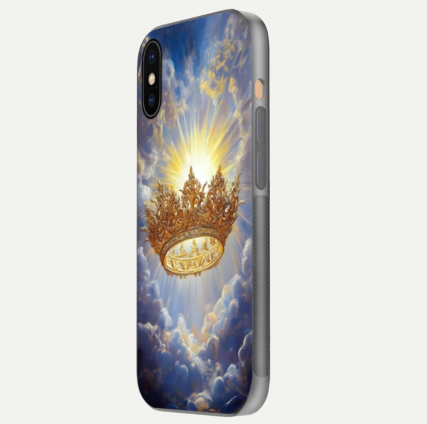 Heavenly Crown Light Glass Case for iPhone Xs Max side-angle image showing reflection brilliance and elegant divine art