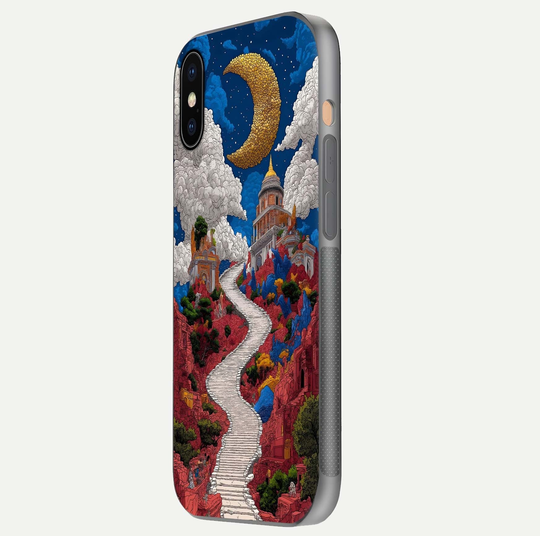 Heavenly Moon Path Glass Case for iPhone Xs Max side-angle image showing reflection clarity and serene moon glow