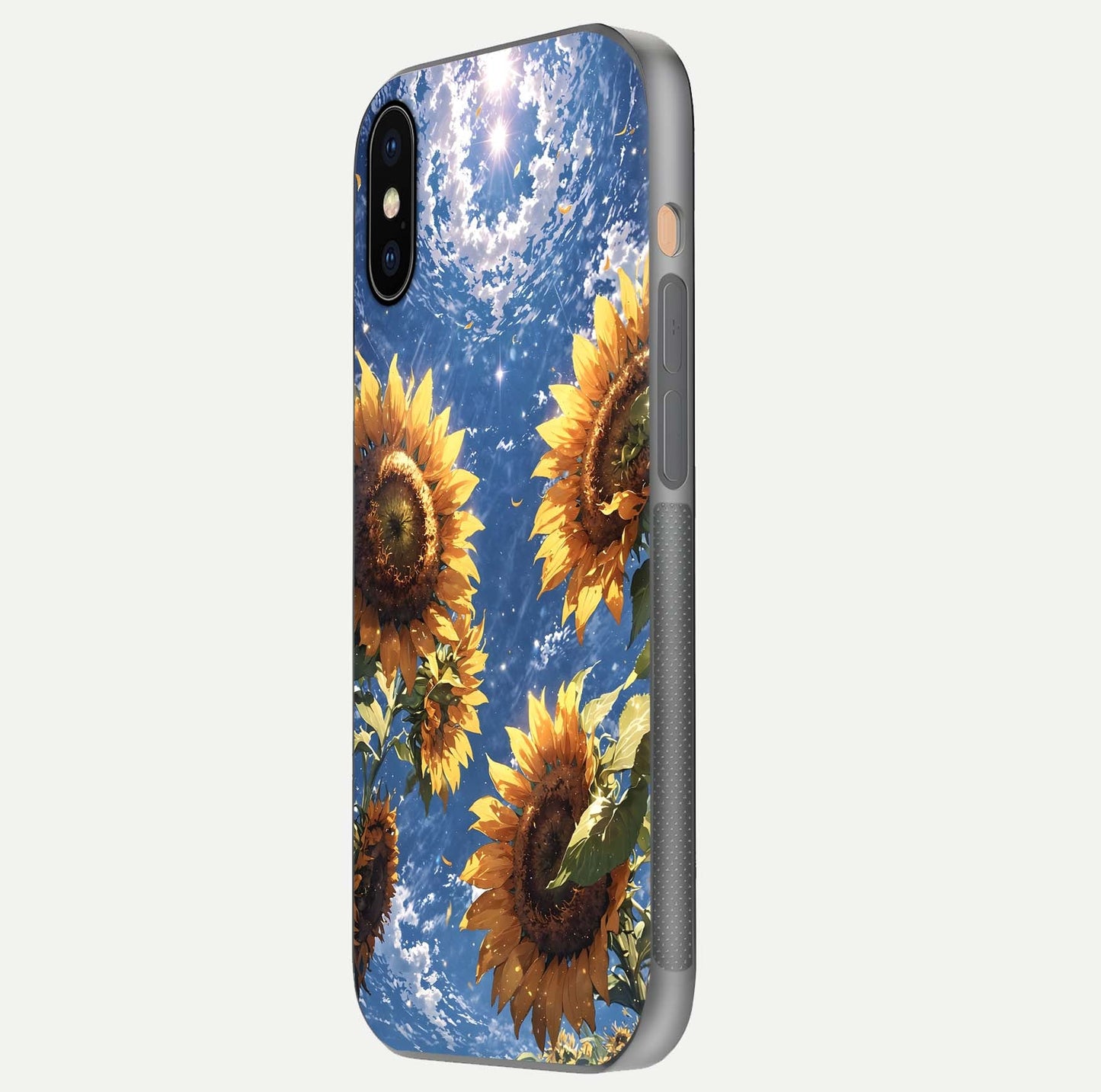 Heavenly Sunflower Rise Glass Case for iPhone Xs Max side-angle image showing reflection glow and soft yellow tone