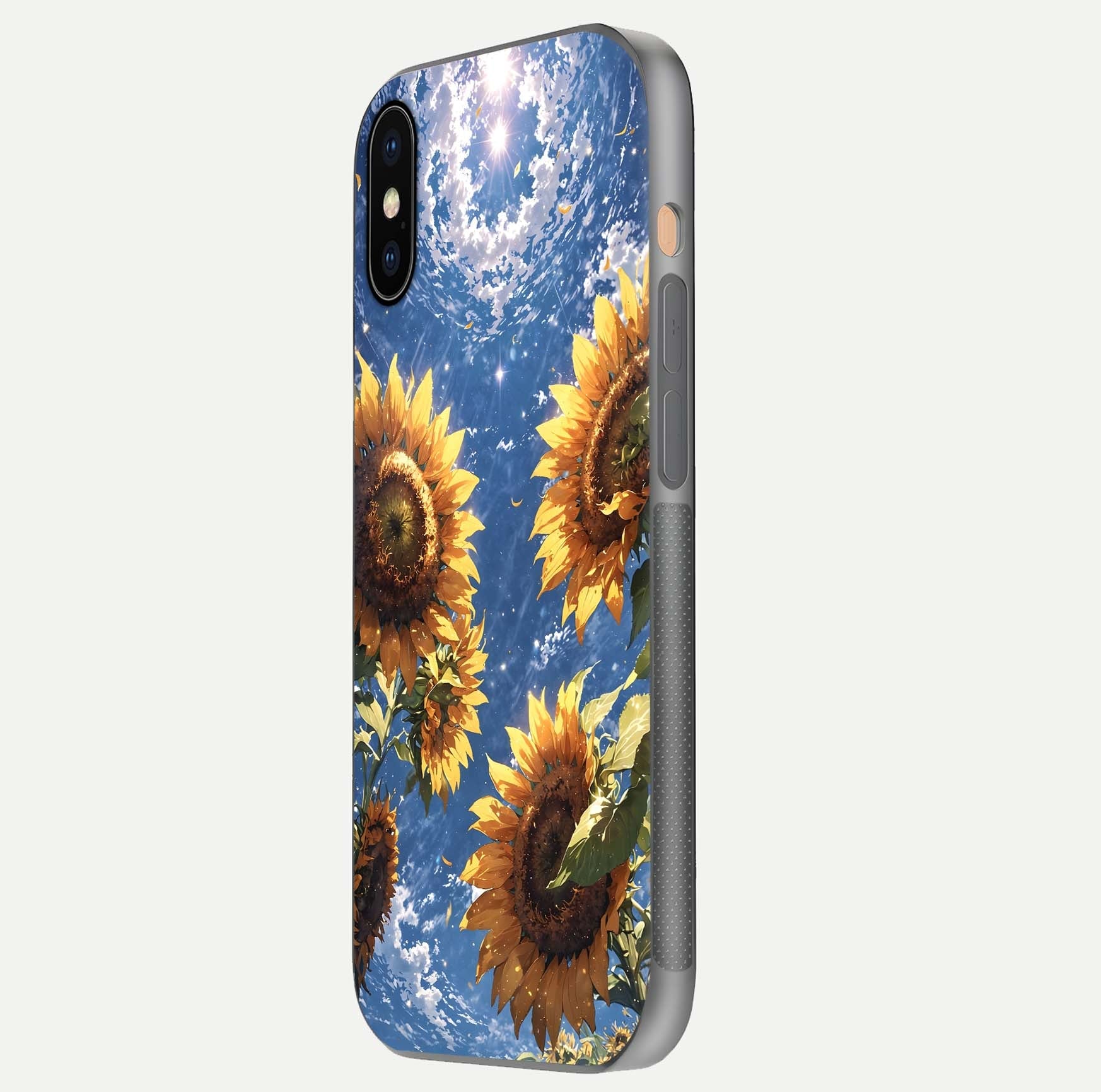Heavenly Sunflower Rise Glass Case for iPhone Xs Max side-angle image showing reflection glow and soft yellow tone