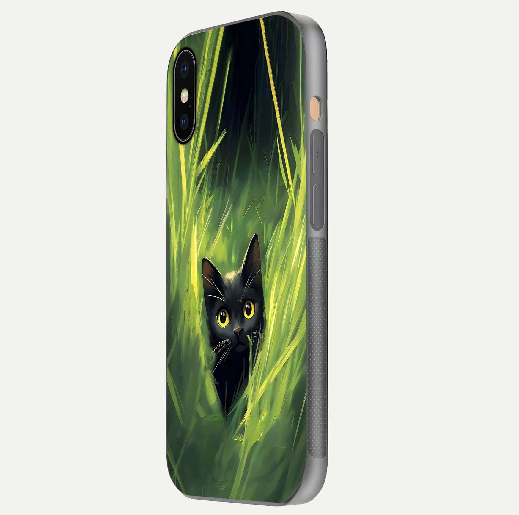 Hidden Cat Whisper Glass Case for iPhone Xs Max side-angle image showing reflection glow and subtle artistic texture