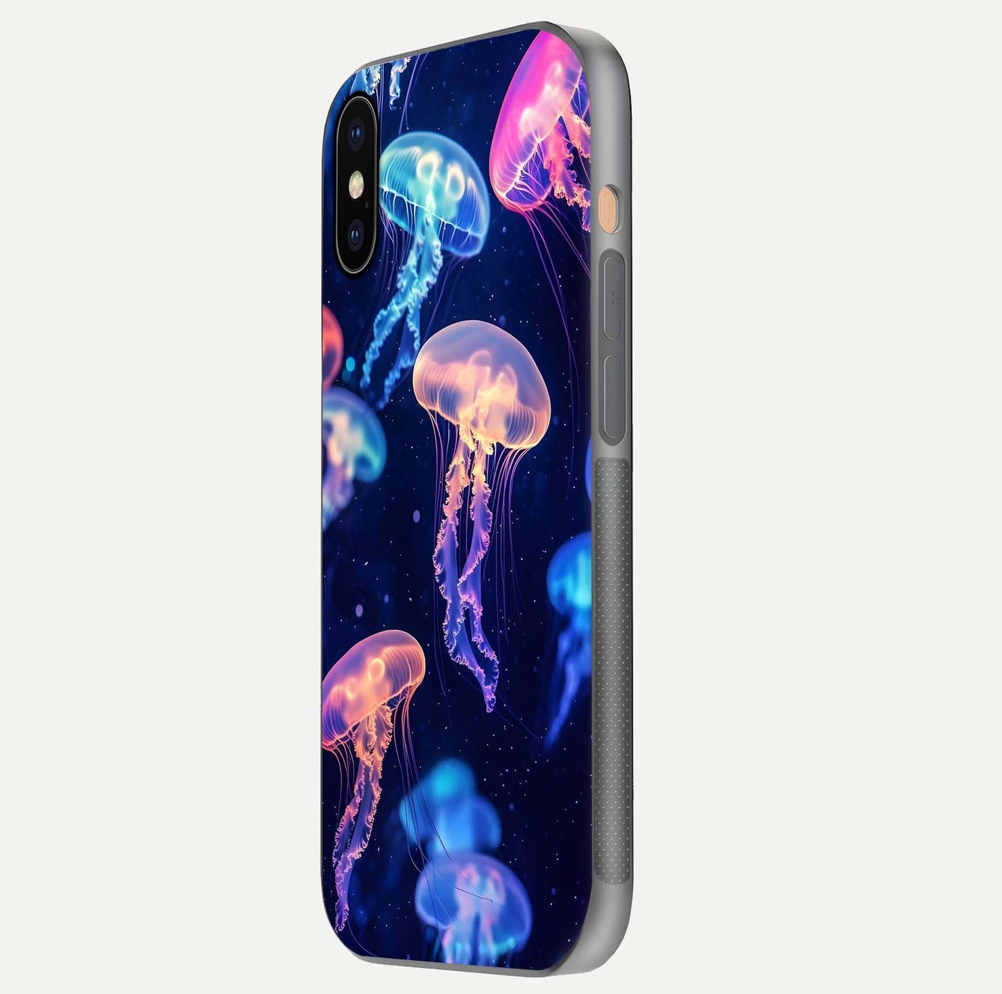 Jellyfish Pattern Glass Case for iPhone Xs Max side-angle image showing reflection glow and soft water-blue gradient