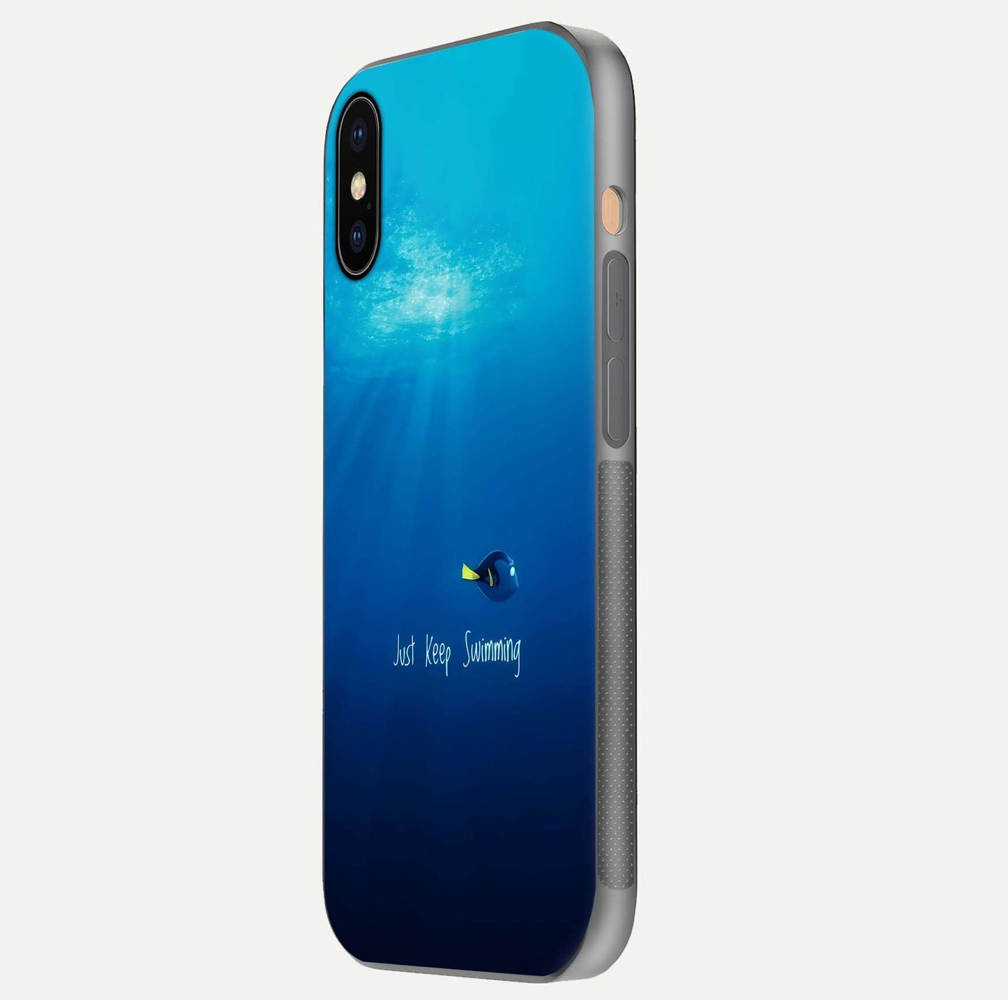 Just Keep Swimming Glass Case for iPhone Xs Max side-angle image highlighting reflective surface and positive quote