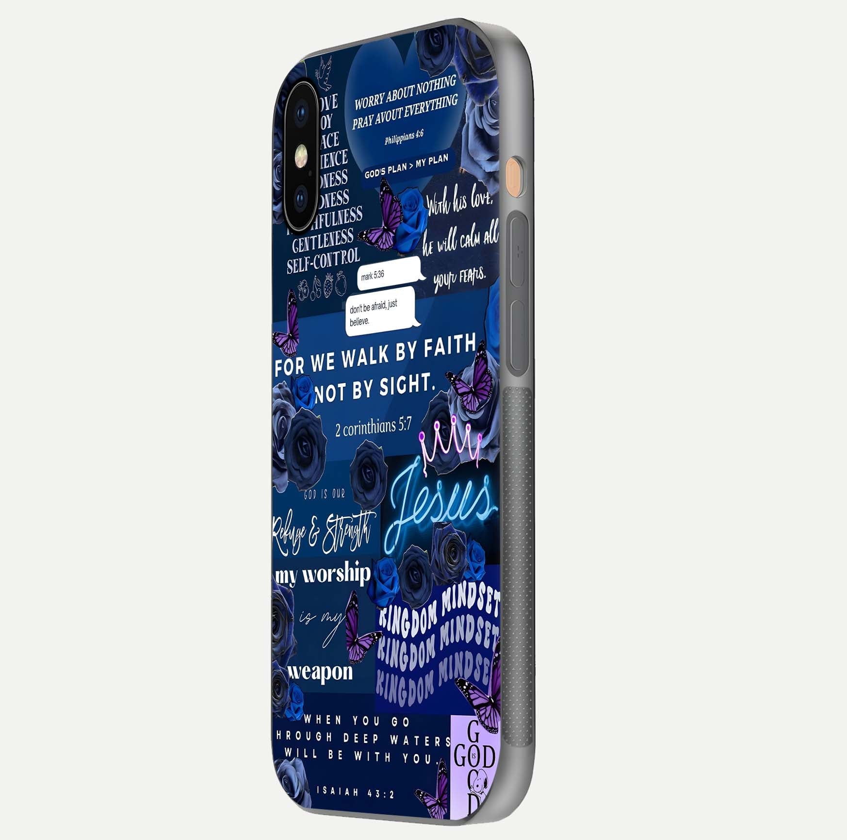 Kingdom Faith Glow Glass Case for iPhone Xs Max side-angle image with reflective cross and faith glow