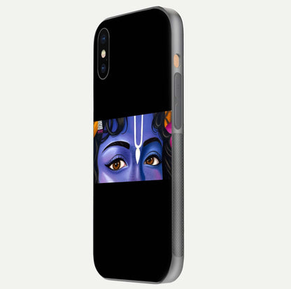 Krishna Eye Glass Case for iPhone Xs Max side-angle image showing reflection clarity and Krishna symbol design