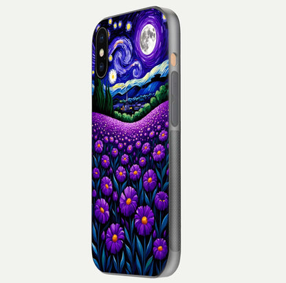 Lavender Moon Field Glass Case for iPhone Xs Max side-angle image showing HD reflection and moonlit lavender art