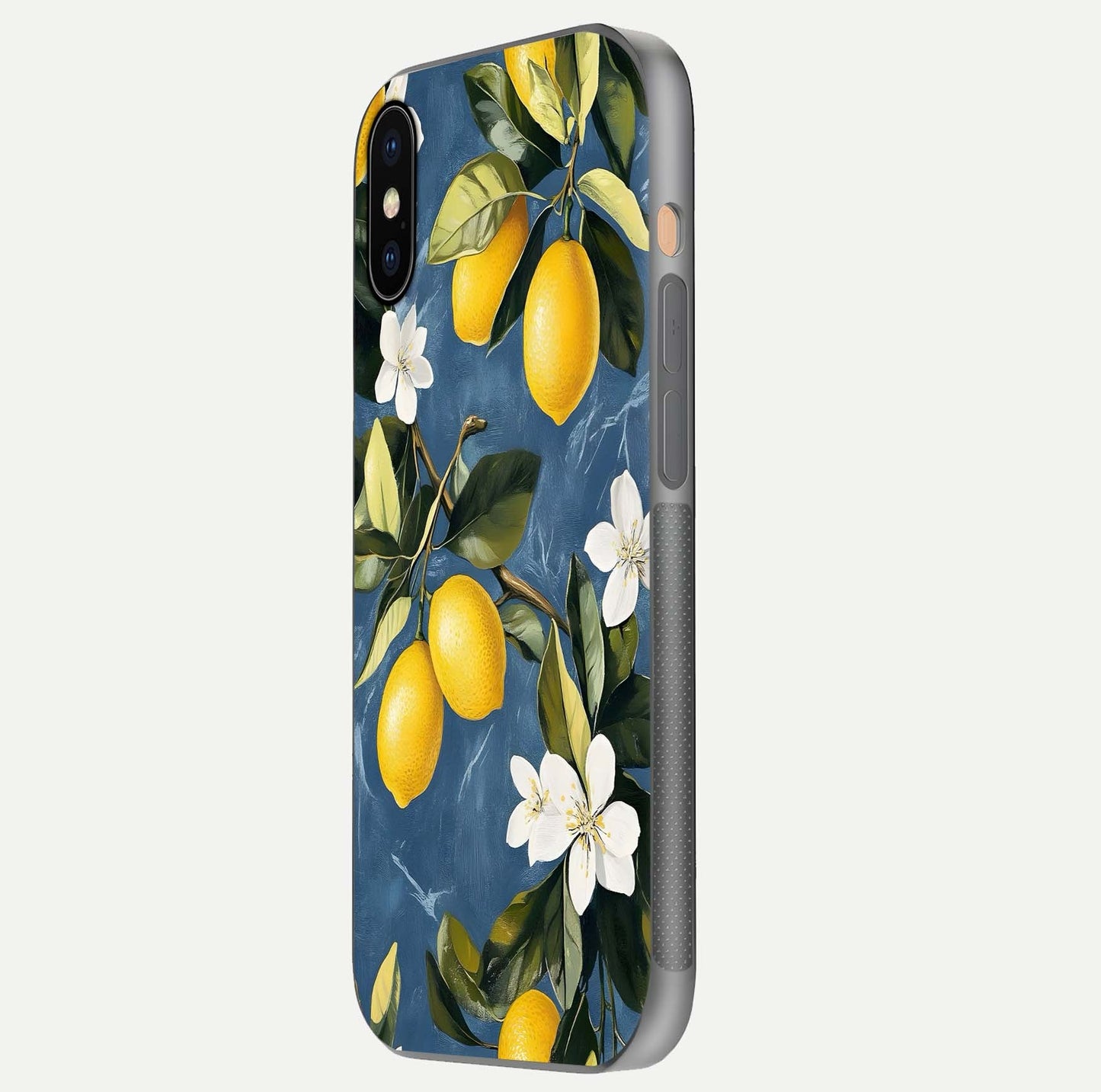 Lemon Dream Garden Glass Case for iPhone Xs Max side-angle image showing reflection clarity and artistic fruit design