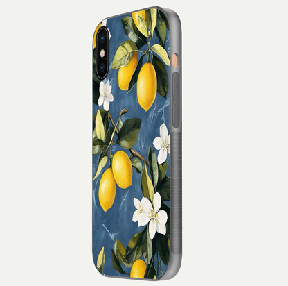 Lemon Dream Garden Glass Case for iPhone Xs Max side-angle image showing reflection clarity and artistic fruit design