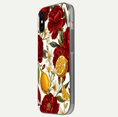 Lemon Rose Charm Glass Case for iPhone Xs Max side-angle image revealing reflection depth and vibrant flower art